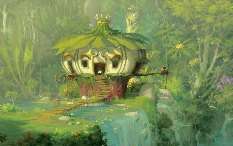 A whimsical fantasy treehouse shaped like a giant flower, nestled in lush nature with greenery and a small waterfall nearby.