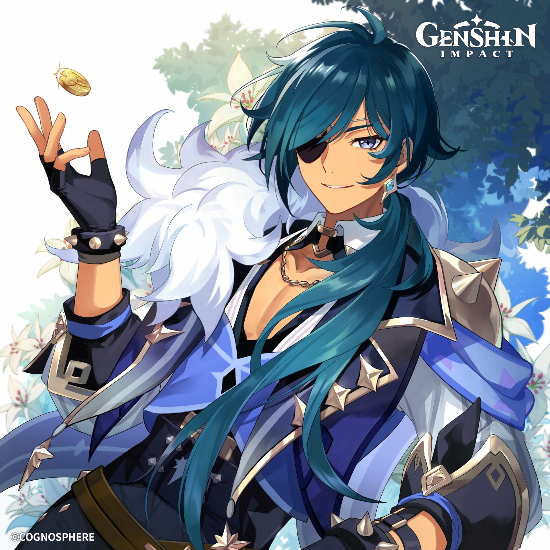 Kaeya from the video game Genshin Impact: teal-haired, eyepatch-clad swordsman in a blue, fur-trimmed coat, smiling confidently with flowing hair against a bright, floral sky.