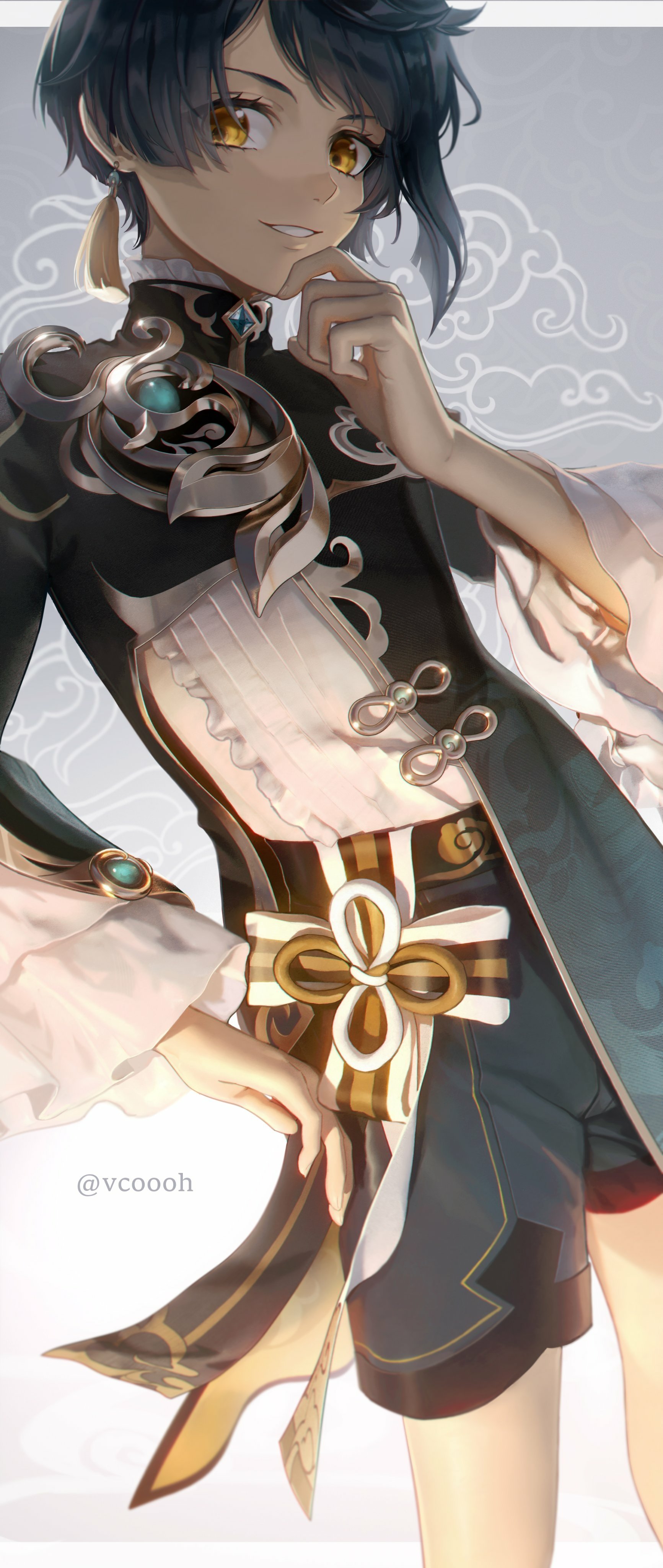Xingqiu from the video game Genshin Impact, smiling in ornate black-and-white robes with teal gems, hand at his chin in a stylized character portrait.