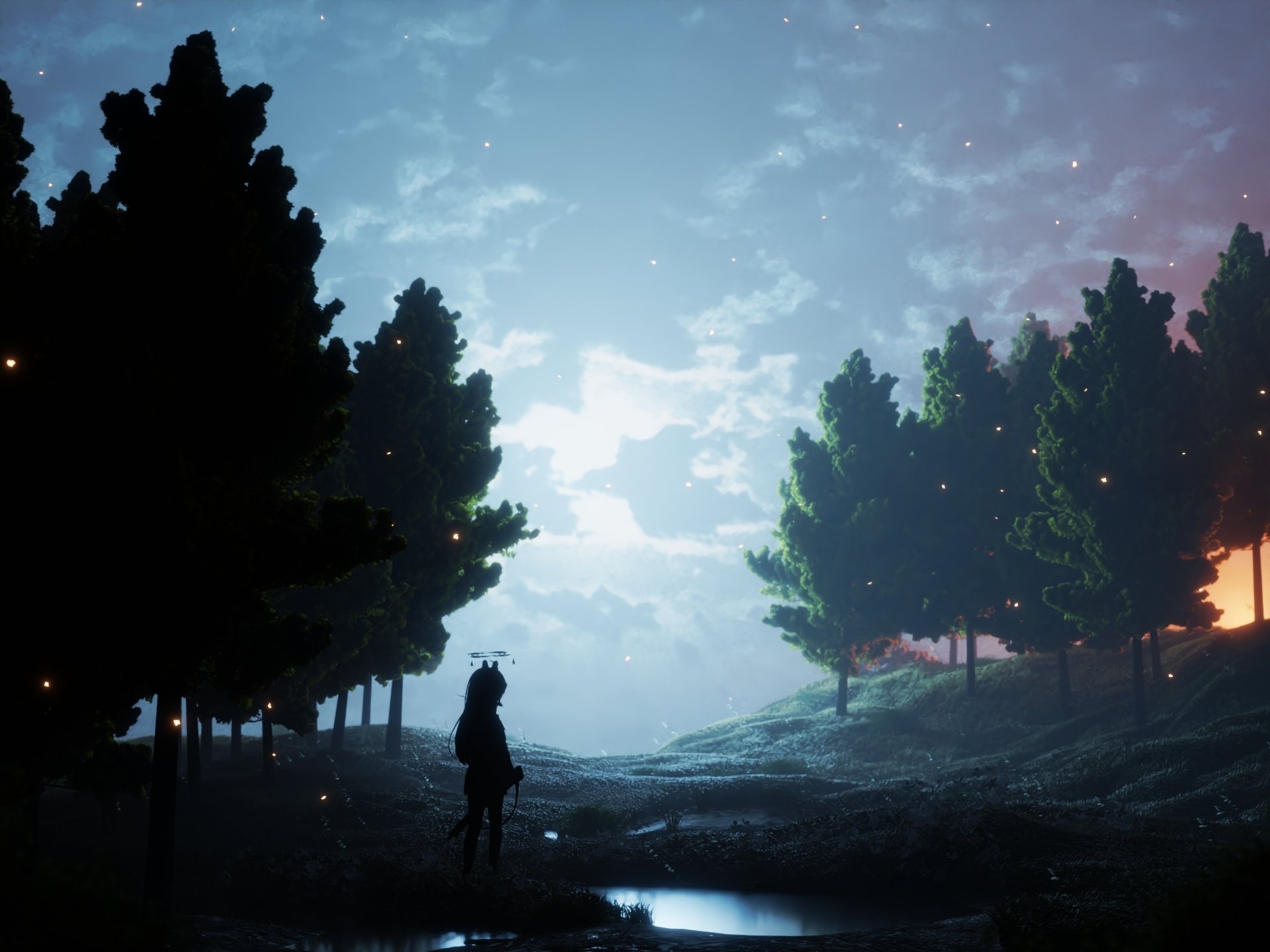 Blender anime night illustration: a lone silhouette in a fantasy forest clearing beneath a moonlit, starry sky, with glowing mist and towering trees (anime forest, fantasy anime).