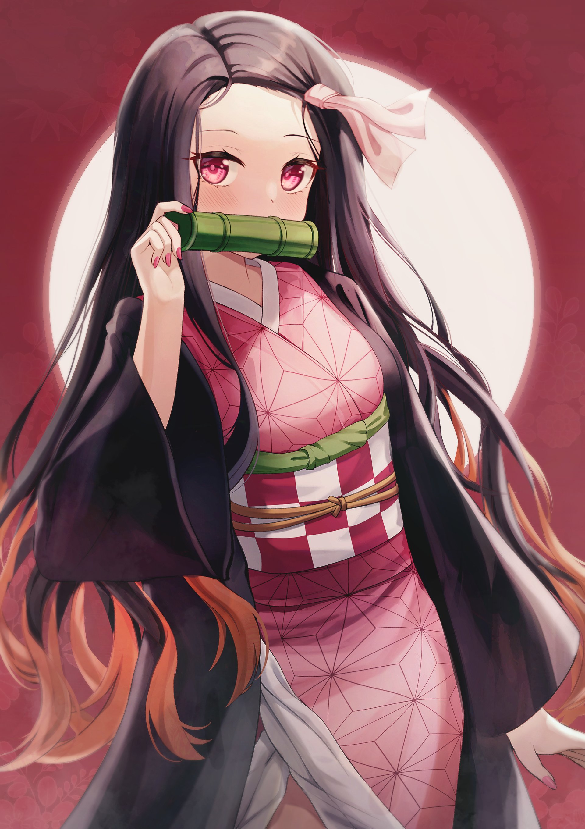 Nezuko Kamado from Demon Slayer: anime-style portrait in a pink kimono with bamboo muzzle, long black hair with orange tips, dark haori, posed against a glowing full moon backdrop.