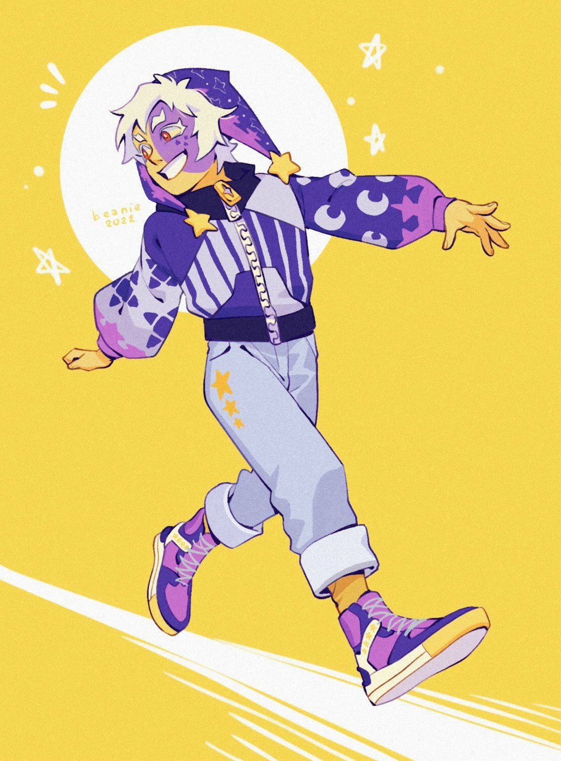 Colorful illustration of The Collector (The Owl House) from the TV show The Owl House, wearing a star-and-moon hoodie, cuffed jeans and purple sneakers against a bright yellow background with stars.