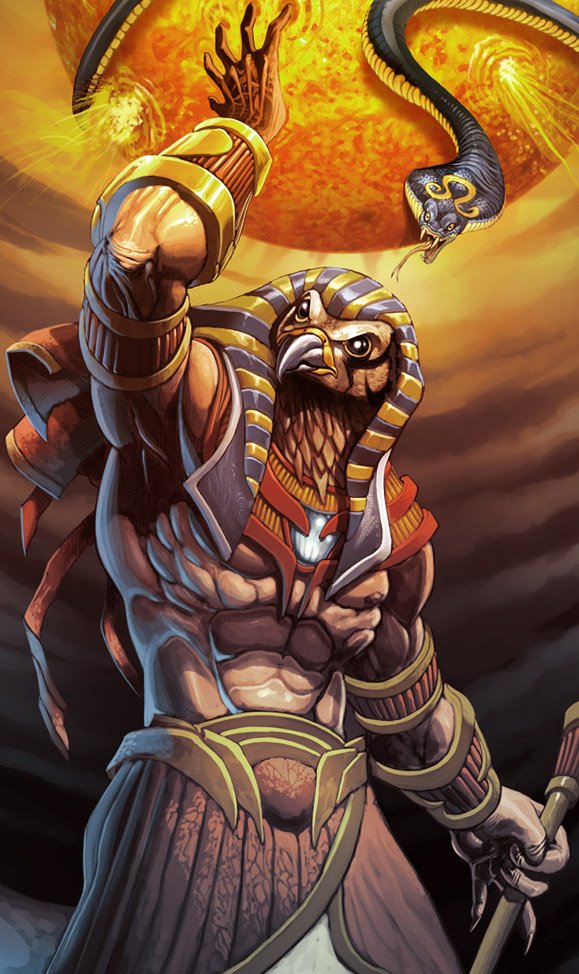 Fantasy Egyptian falcon-headed deity in pharaoh's nemes and armor, muscles tensed, reaching toward a fiery sun orb with a coiling serpent.