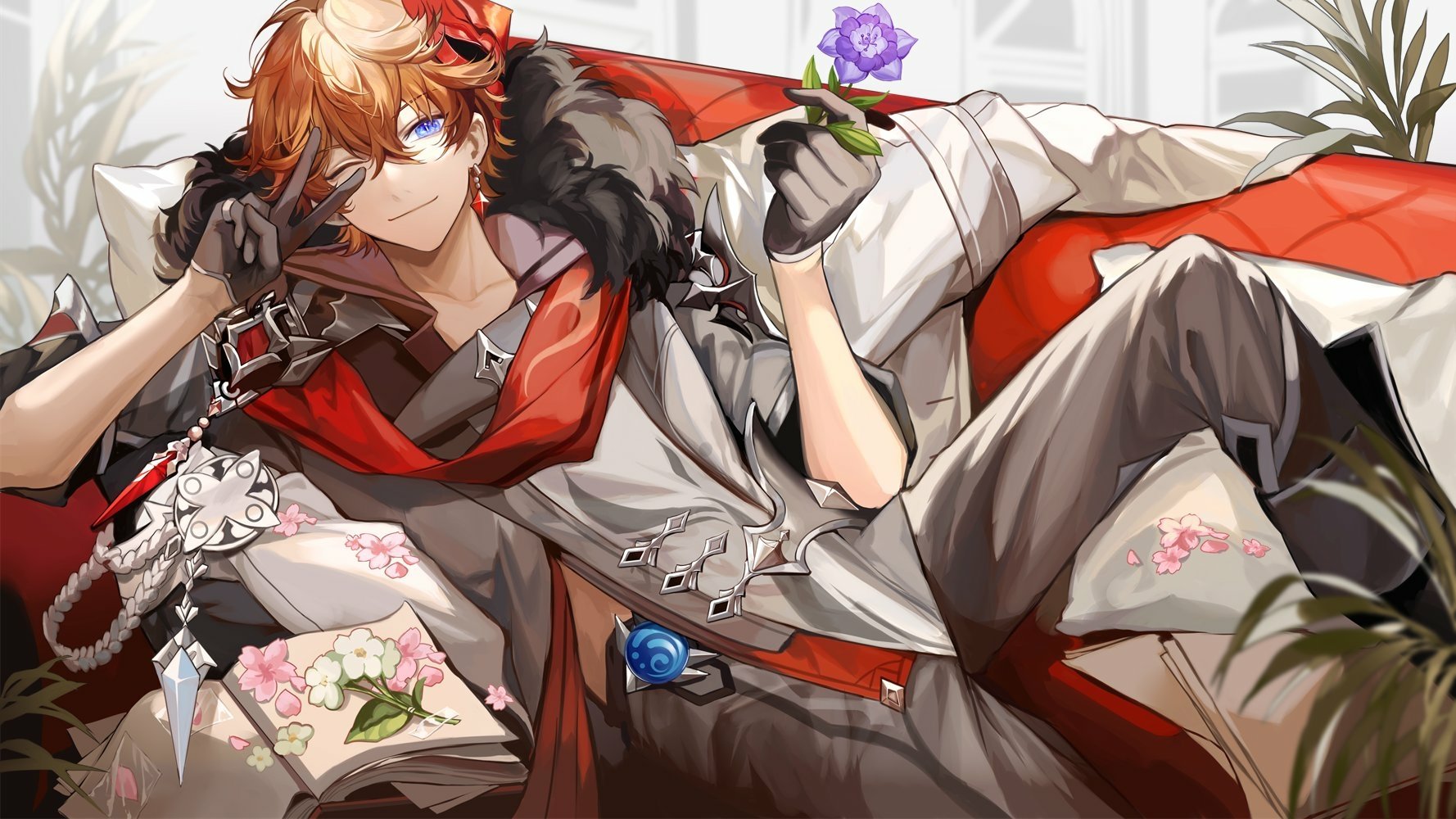 Tartaglia Childe from Genshin Impact lounges casually, holding a hydro vision, surrounded by soft light and floral accents in this vibrant video game artwork.