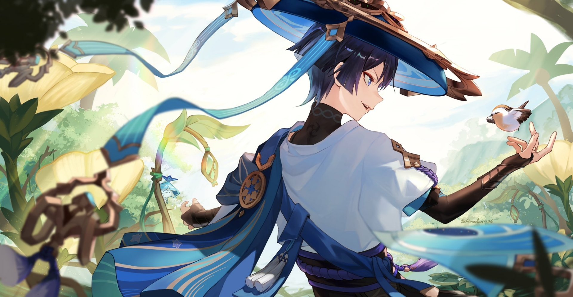 Scaramouche from Genshin Impact, in blue robes and a straw hat, reaches toward a small bird amid sunlit tropical foliage — stylized Genshin Impact video game artwork.