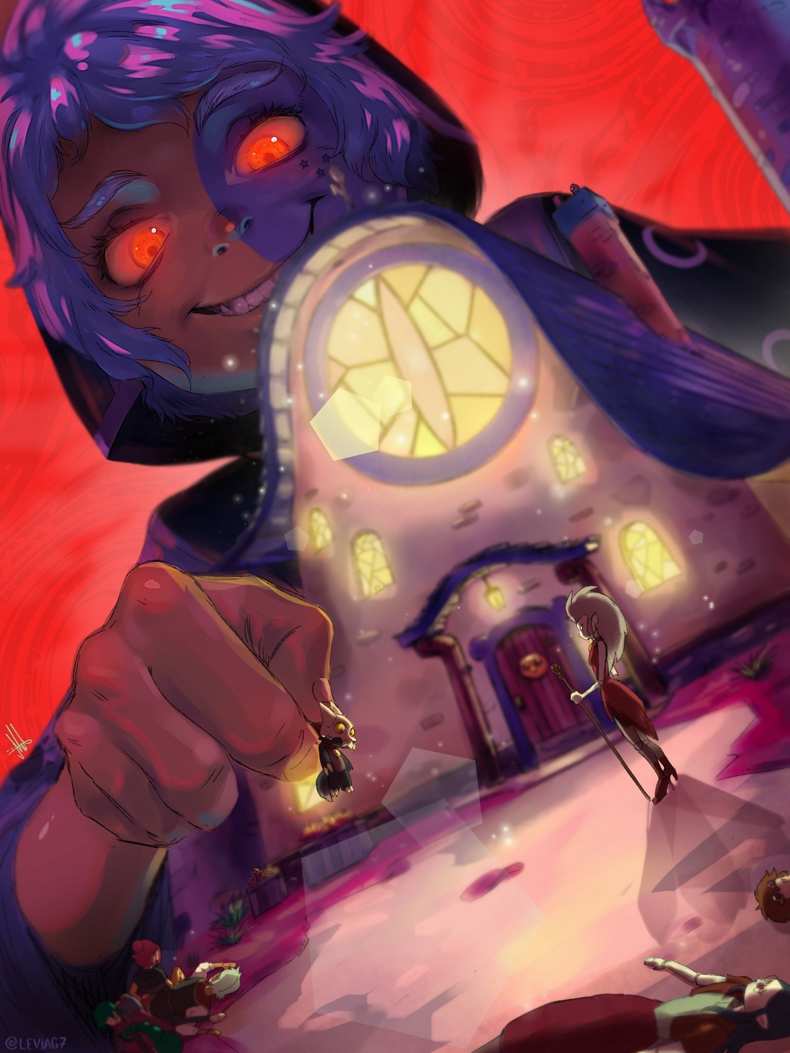 The Collector from the TV show The Owl House looms with glowing orange eyes, grinning as he puppeteers tiny characters inside a dollhouse-like room bathed in red light.