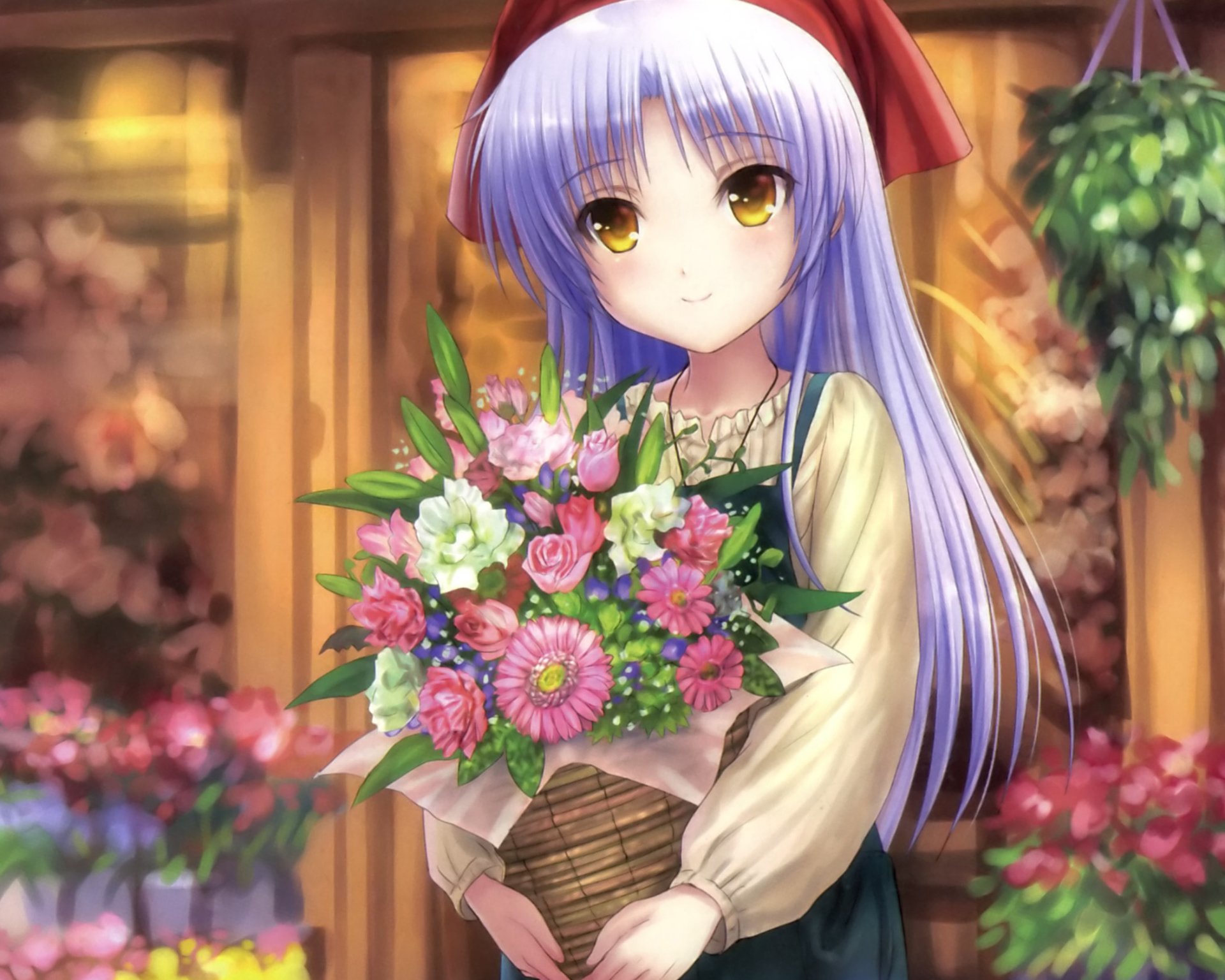 Anime-style character from Angel Beats! with long lavender hair and golden eyes holding a vibrant bouquet of flowers in a softly lit, warm setting.
