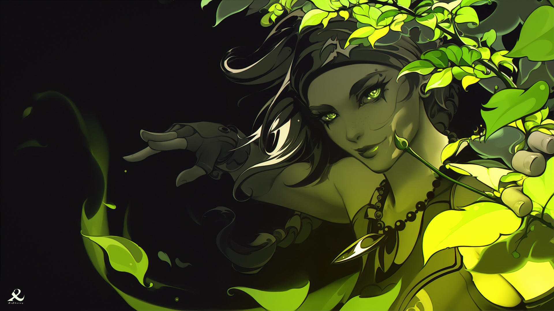Skye from Valorant is depicted with glowing green eyes and surrounded by vibrant leaves, highlighting her nature-inspired abilities in the video game.