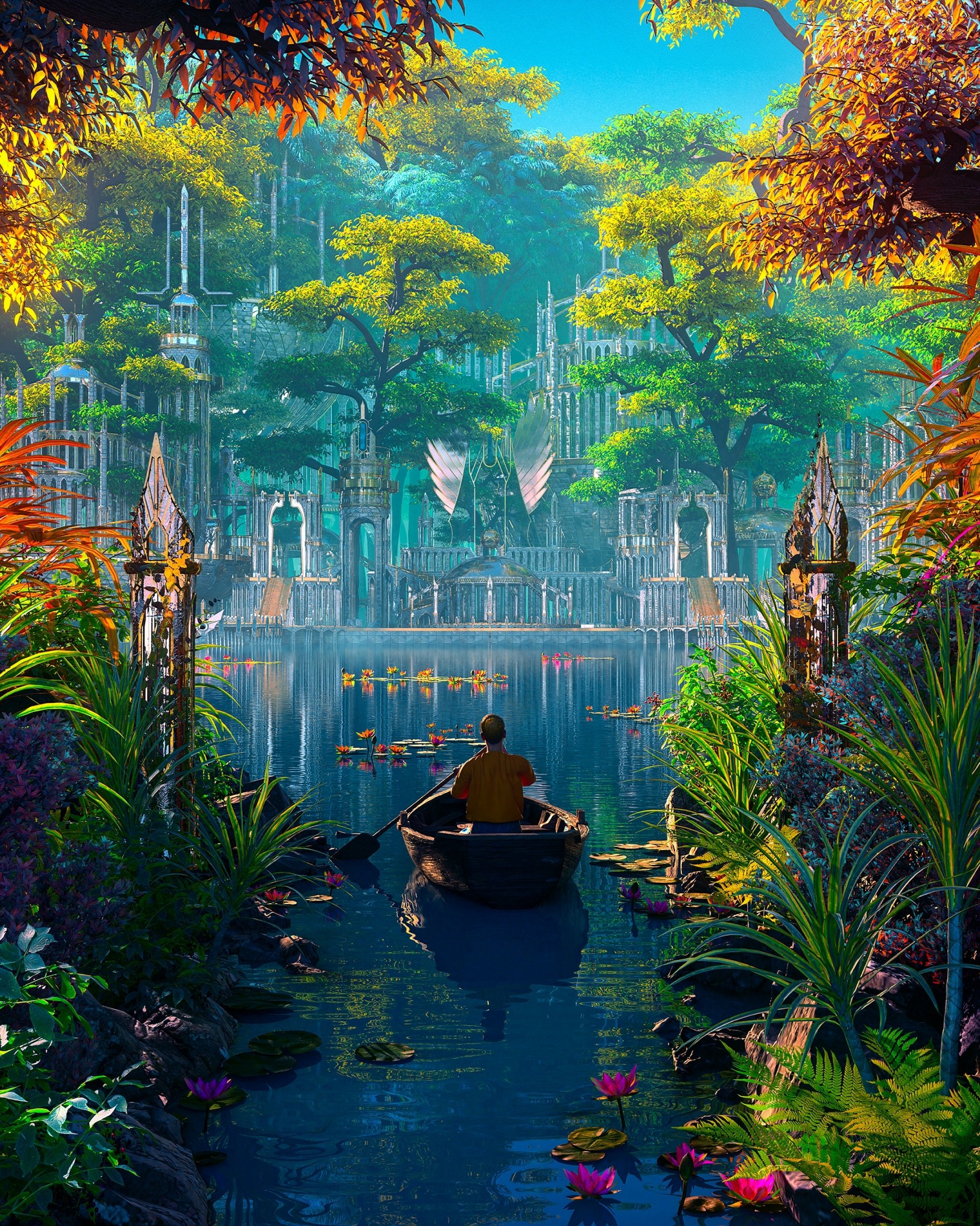 A person in a boat glides through serene water surrounded by lush vegetation toward a majestic fantasy city nestled in a vibrant, enchanted landscape.