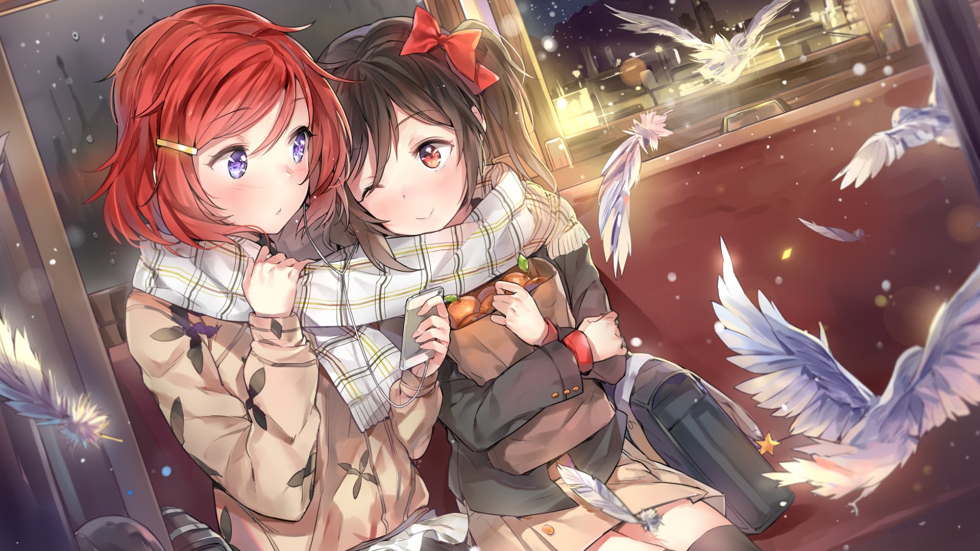 Anime depiction of Love Live! characters Maki Nishikino and Nico Yazawa sharing a scarf on a snowy bench at night, doves fluttering past under warm streetlights.