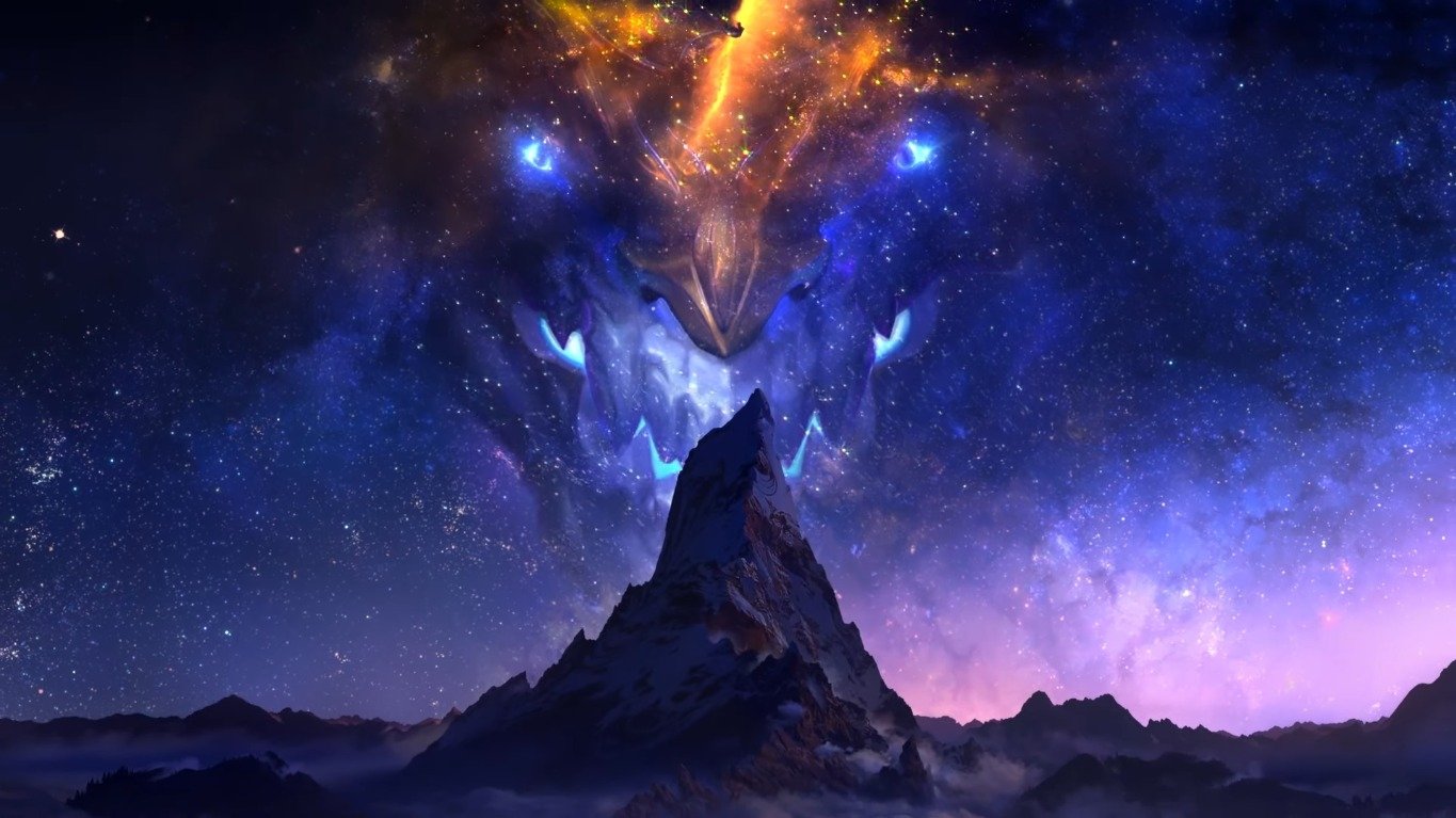 A cosmic dragon resembling Aurelion Sol from League of Legends emerges from a starry night sky above a mountain peak in this video game-themed artwork.