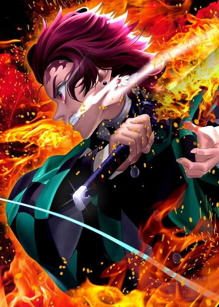 Tanjiro Kamado from Demon Slayer: Kimetsu no Yaiba wields his sword amid intense flames, showcasing his determined expression and signature green and black checkered haori.