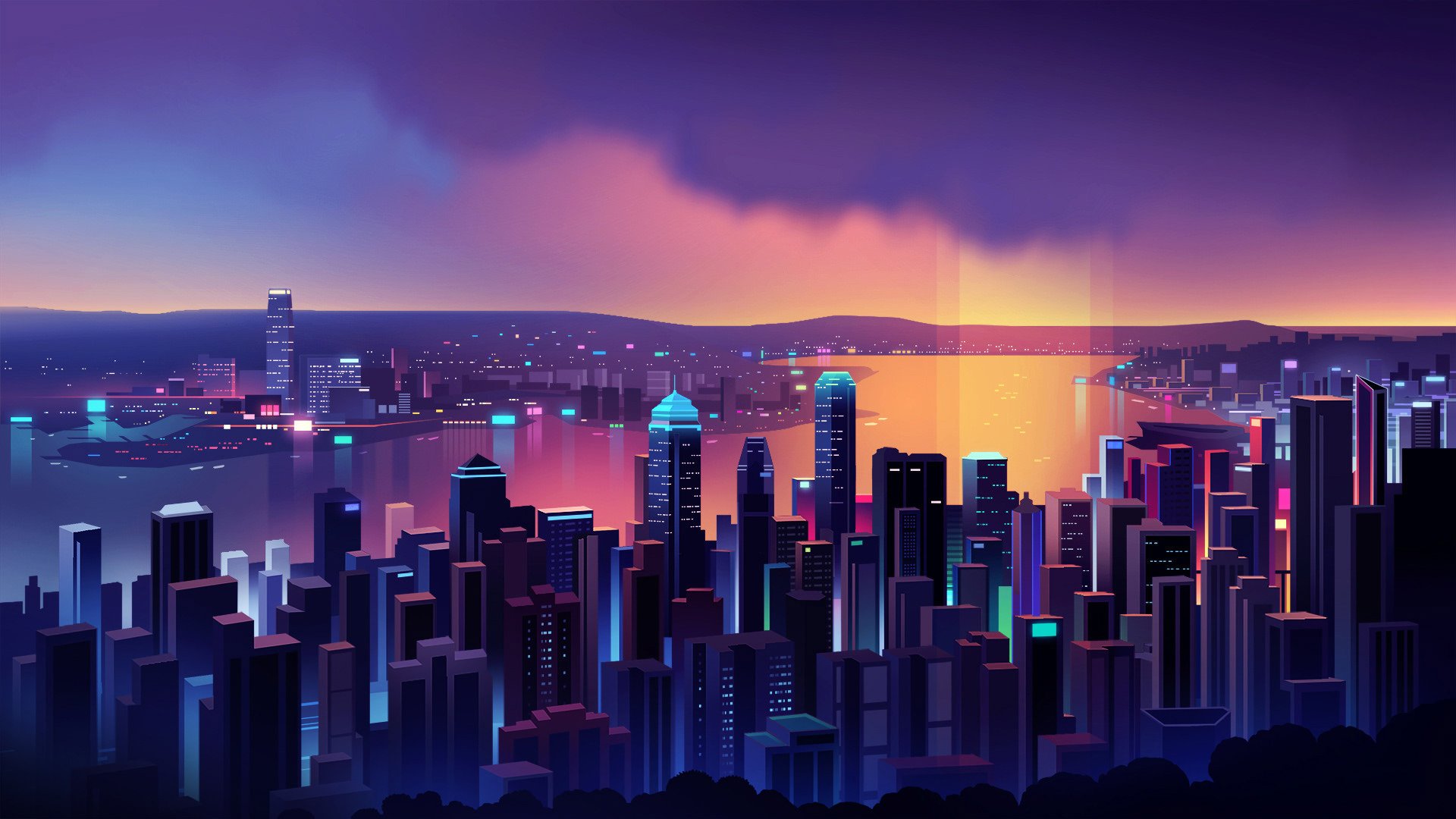 Artistic, minimalist city skyline at dusk: neon-lit skyscrapers silhouetted against a purple-pink-orange gradient sky, their lights reflecting across calm harbor waters.