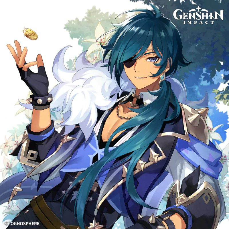 Kaeya from the video game Genshin Impact: teal-haired, eyepatch-clad swordsman in a blue, fur-trimmed coat, smiling confidently with flowing hair against a bright, floral sky.