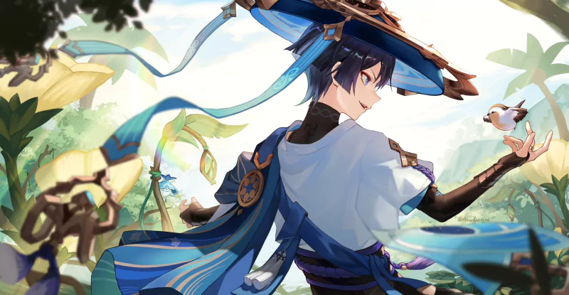Scaramouche from Genshin Impact, in blue robes and a straw hat, reaches toward a small bird amid sunlit tropical foliage — stylized Genshin Impact video game artwork.