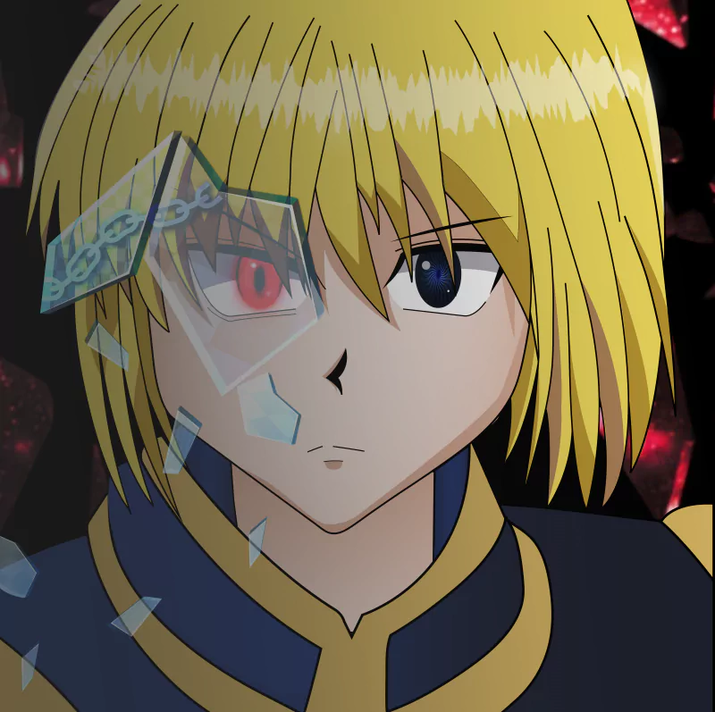 Kurapika (Hunter × Hunter) — anime portrait from Hunter x Hunter: blond hair, one blue eye and one scarlet eye, fractured glass across face, blue-and-gold outfit, dark red background.