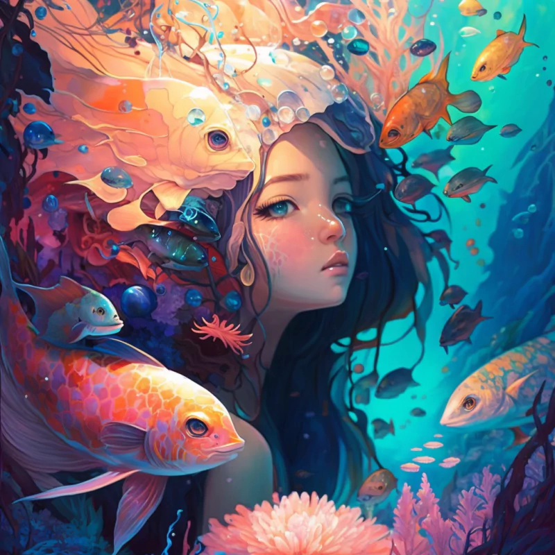  A mermaid swimming with fishes
