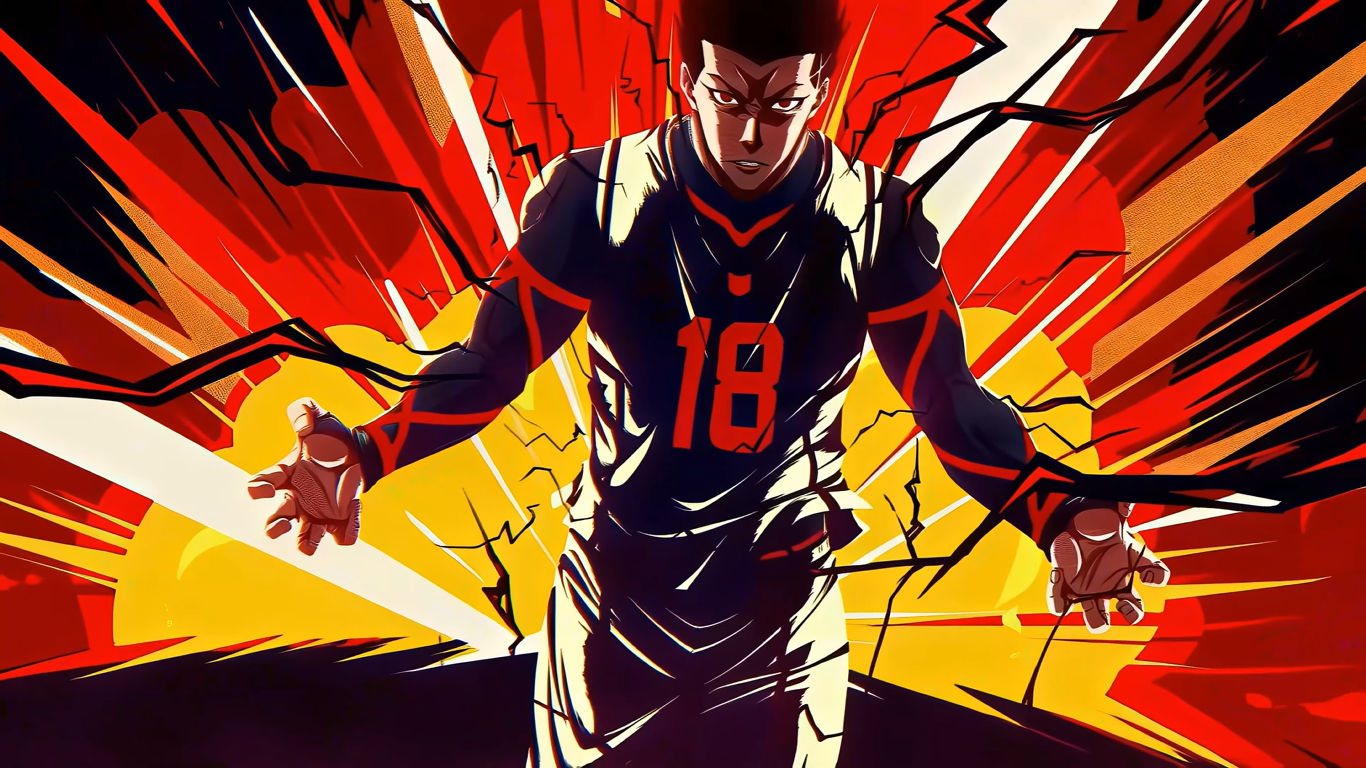 Bold Blue Lock illustration: a number 18 soccer player thrusts arms forward as black cracks and red-orange explosions burst behind him.