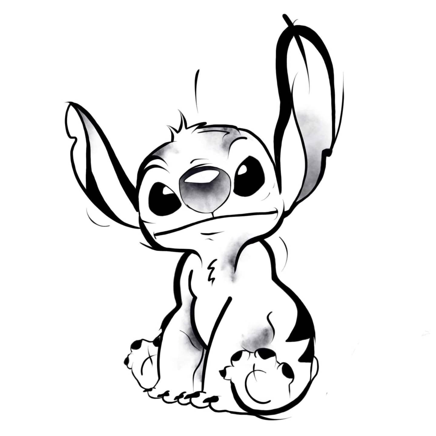 Cute animal-like sketch of Stitch from Disney's Lilo & Stitch, seated with oversized ears, big eyes, and a playful, curious expression.