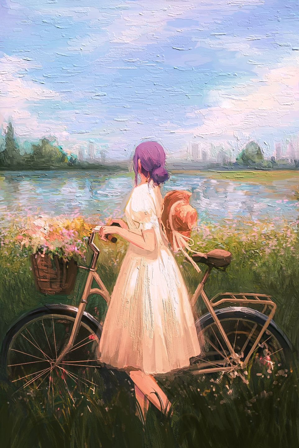 Reze from Chainsaw Man stands beside a bicycle adorned with flowers by a riverside, her purple hair contrasting with the serene pastel landscape.
