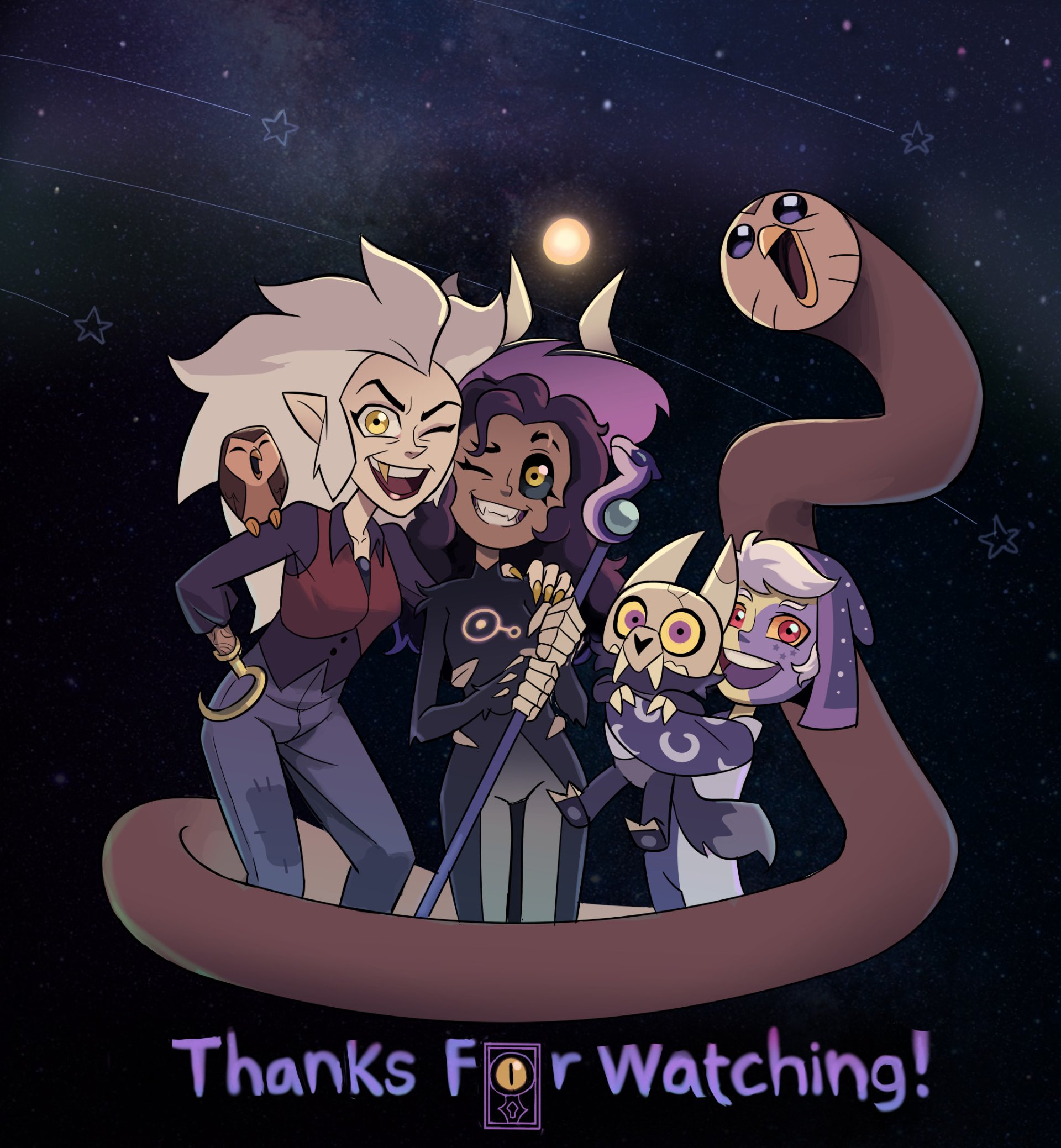 The Owl House TV show characters pose together: smiling witches, a small skull-faced companion and a friendly tentacle, starry sky and Thanks For Watching! text.