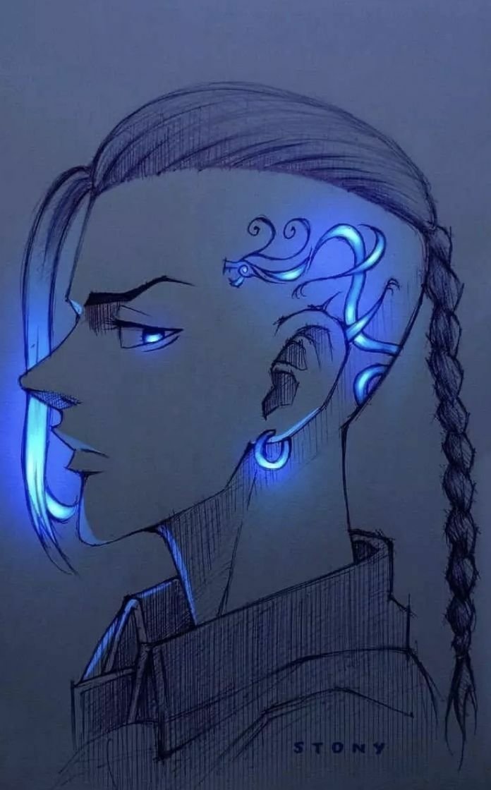 Anime-style sketch of a Tokyo Revengers character with glowing blue patterns on the side of the head, wearing an earring and sporting a braided hairstyle.