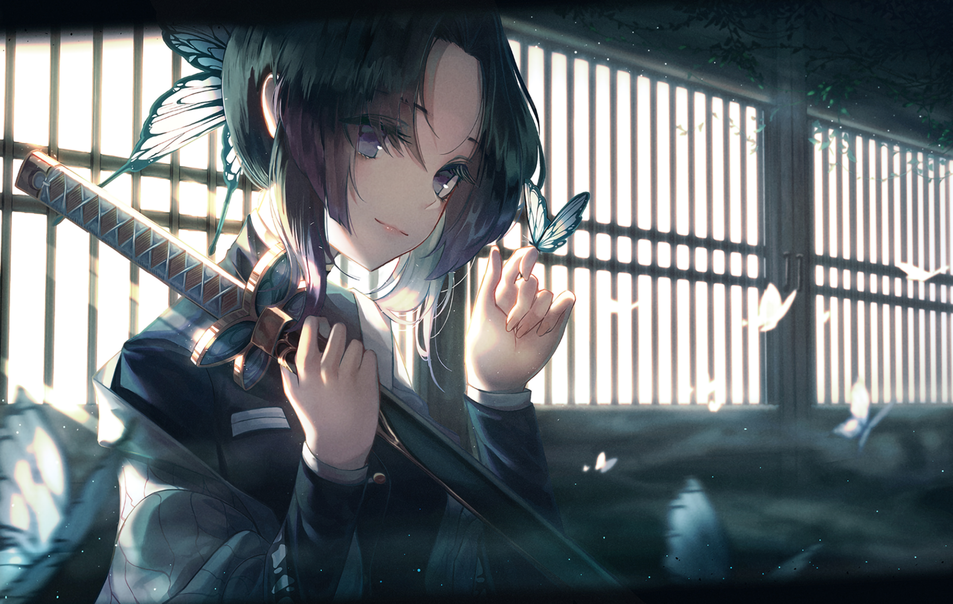 Shinobu Kochou from Demon Slayer: Kimetsu no Yaiba stands with her sword, softly illuminated by light filtering through wooden slats behind her.