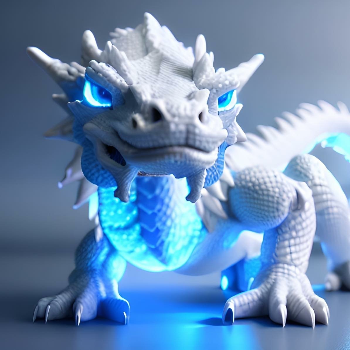 A fierce white dragon with glowing blue eyes and scales, rendered in detailed AI Art with a futuristic blue light illuminating its features.