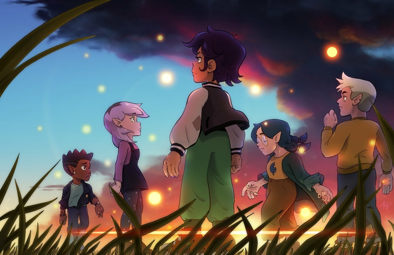 Characters from the TV show The Owl House stand amidst tall grass, illuminated by glowing orbs under a twilight sky.