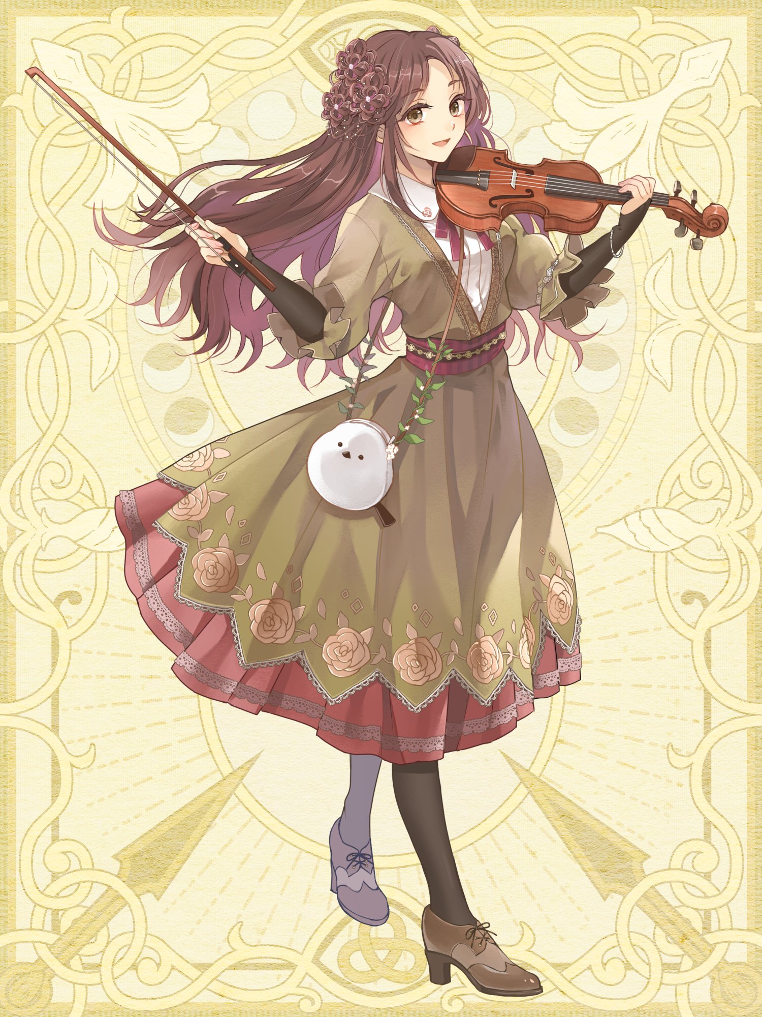 Anime girl violinist with long purple hair and a floral hair ornament, wearing a vintage floral dress and playing a violin.