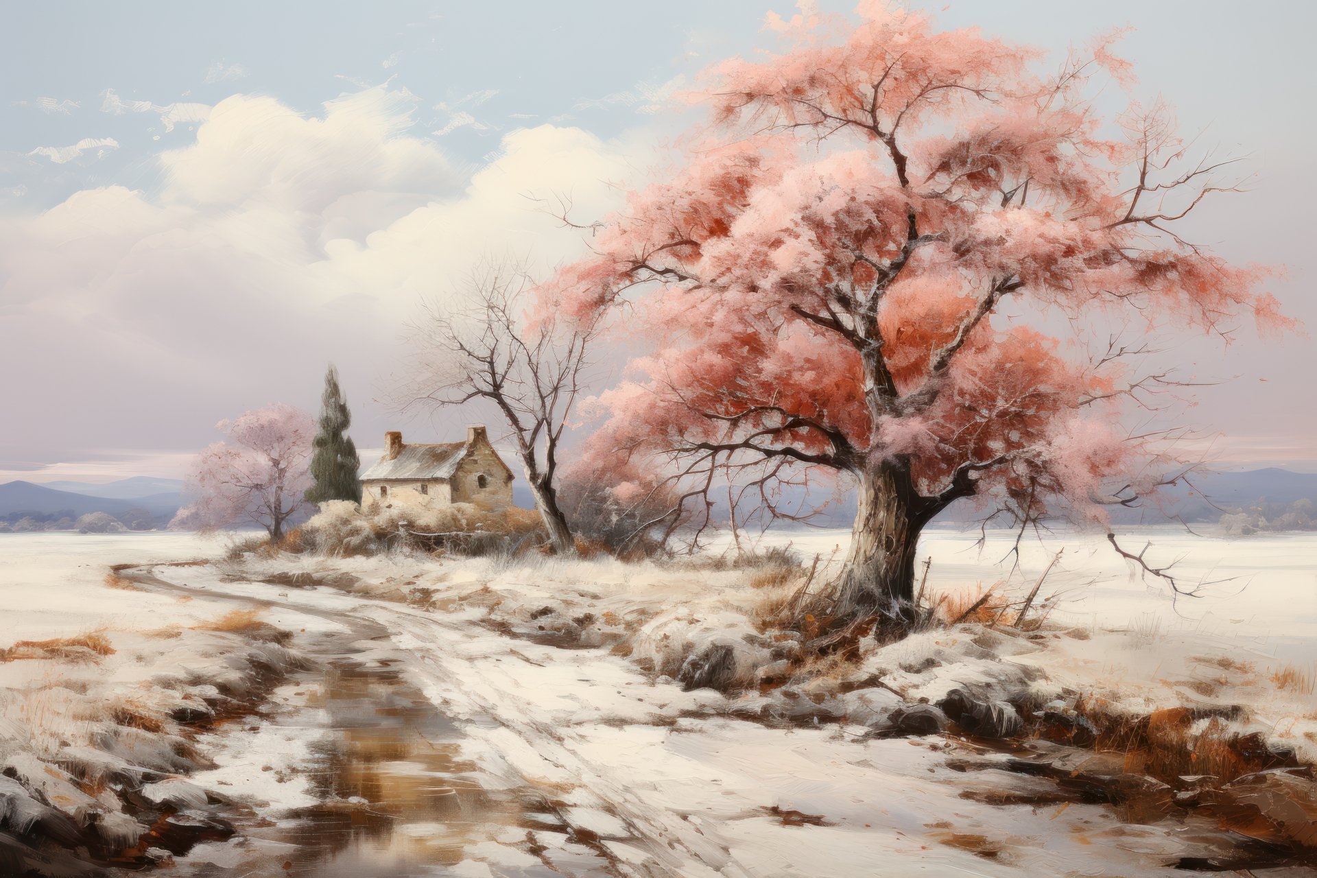 A serene impressionism oil painting of a snowy landscape featuring a blossoming pink tree and a quaint cottage under a soft cloudy sky.