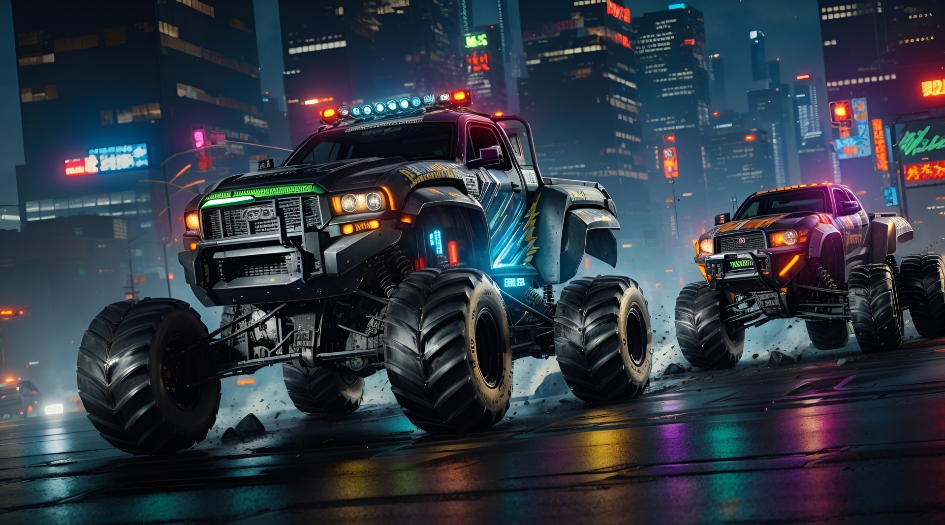 Monster Truck Racing in A Cyberpunk City by The Watcher