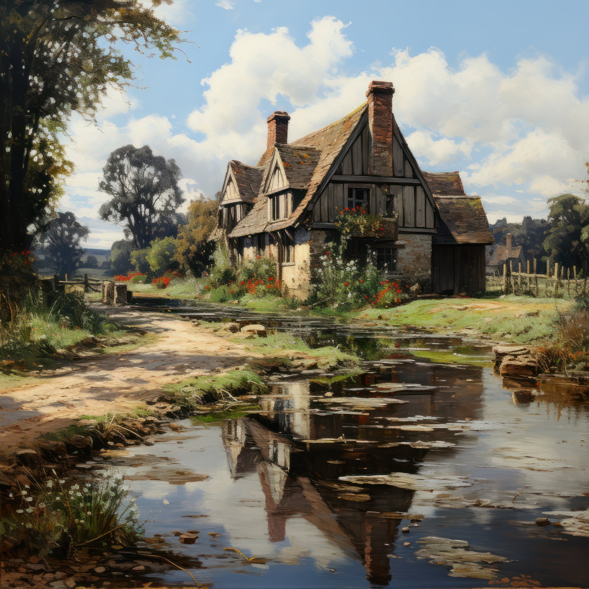 Impressionist oil painting of a rustic Tudor cottage by a calm stream, reflections on the water, lush trees and cloud-filled sky, artistic brushwork and warm, diffused light.