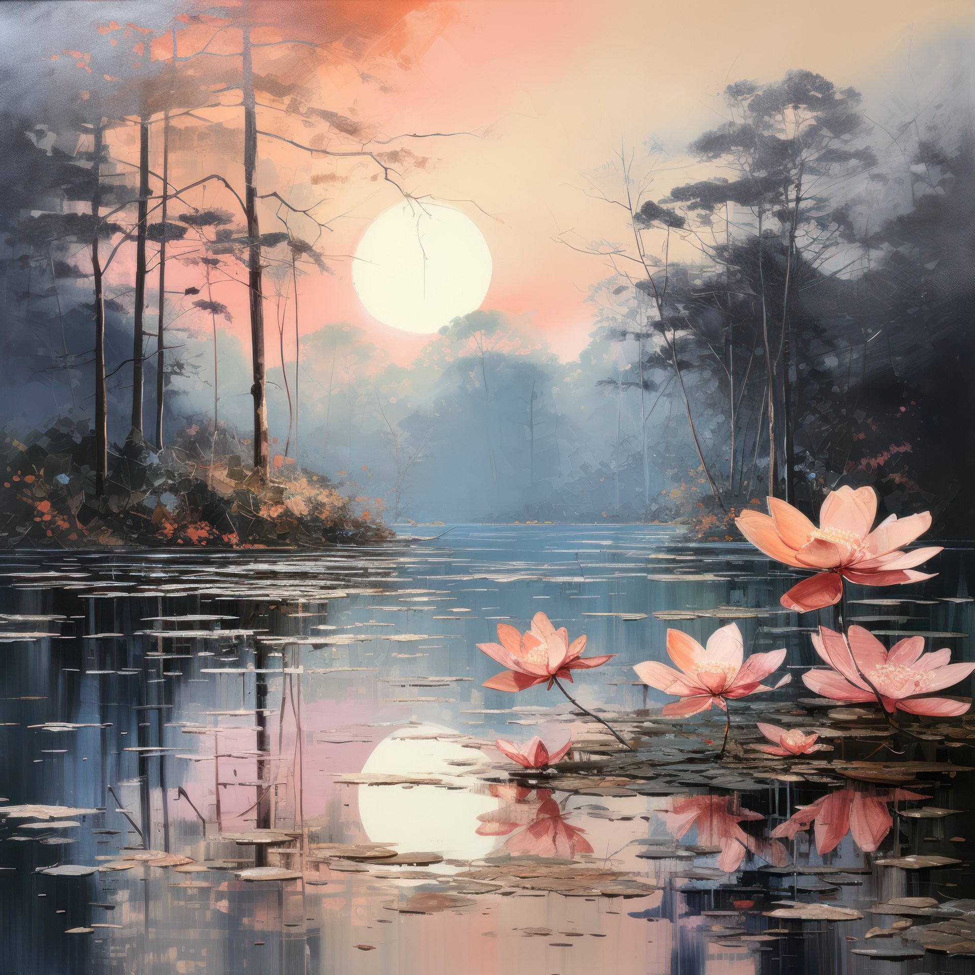 Impressionism oil painting: serene lakeside at sunrise, pink water lilies floating, misty trees reflected in calm water — artistic, soft brushstrokes and warm palette.
