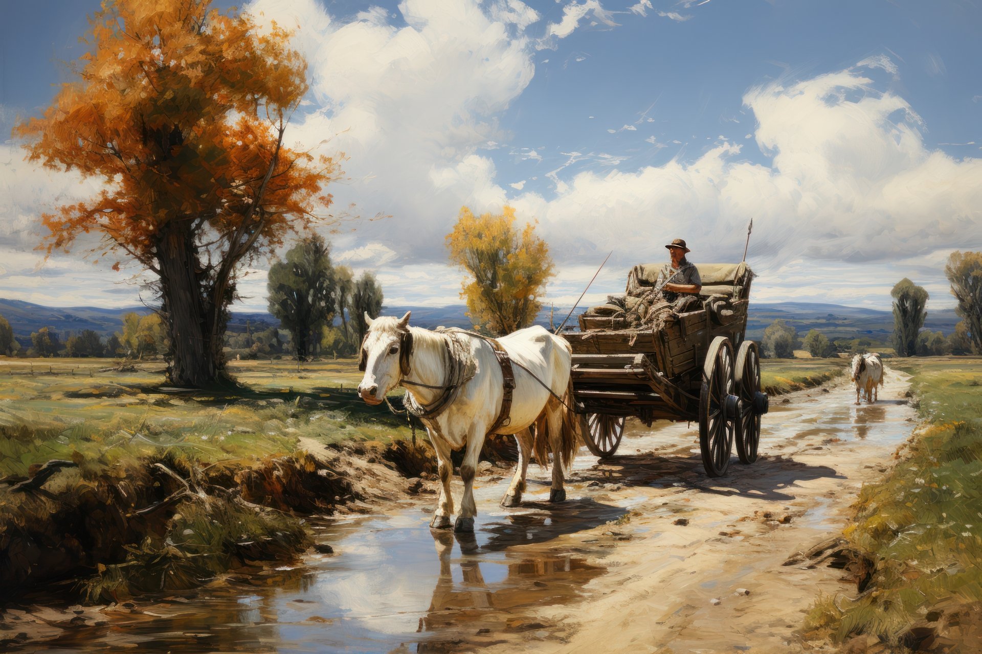 Artistic oil painting of countryside: a white horse pulls a cart along a muddy road, figures nearby, autumn trees and reflective puddles beneath a bright sky.