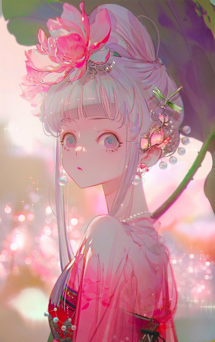 Download Flower Earrings Grey Eyes Hair Ornament Pink Flower Anime Girl Anime Girl Art