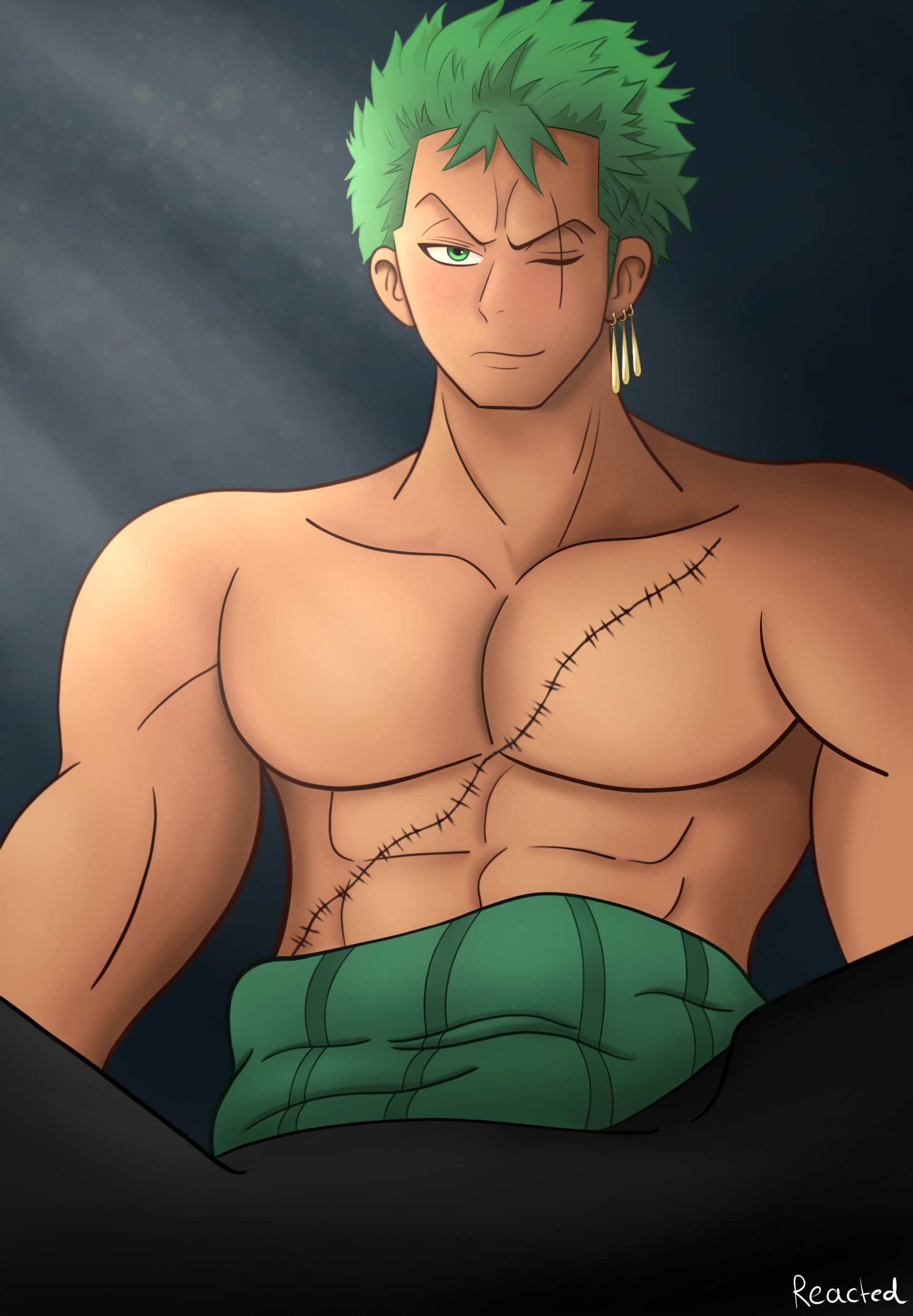Digital art of Roronoa Zoro from One Piece, showcasing his muscular build, green hair, signature scar over his eye, and his confident expression under soft light.