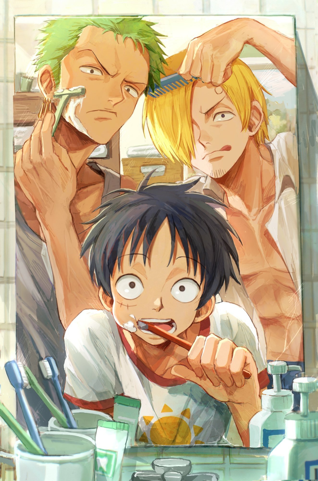 Roronoa Zoro, Monkey D. Luffy, and Sanji from One Piece are shown brushing and shaving together in front of a bathroom mirror.