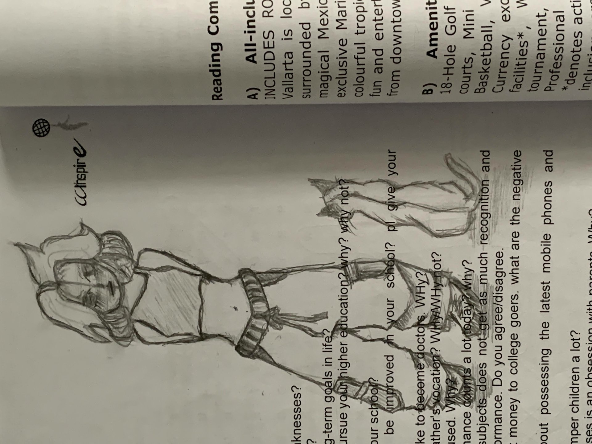 Artistic, aesthetic pencil sketch on a book page of a stylized woman in a crop top and shorts, hands behind her head, long socks and sneakers, rendered in loose, expressive lines.