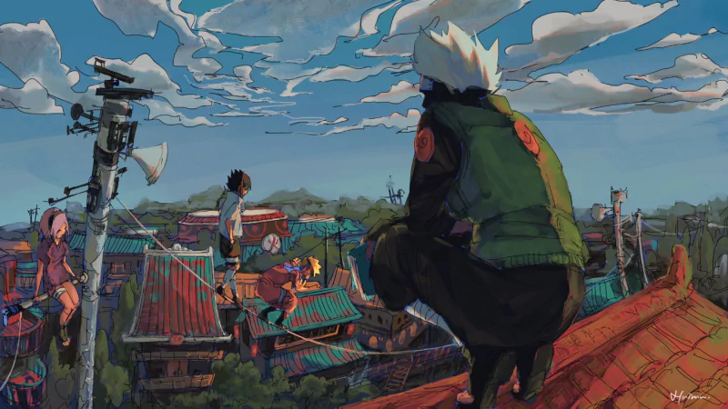 Kakashi Hatake crouches on a rooftop watching Sasuke Uchiha and Naruto on nearby roofs beneath a wide, cloudy sky over the village.