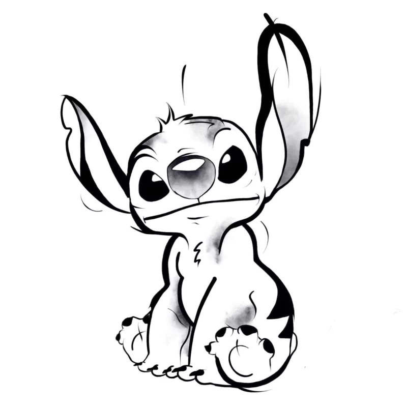 Cute animal-like sketch of Stitch from Disney's Lilo & Stitch, seated with oversized ears, big eyes, and a playful, curious expression.