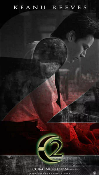 Moody movie poster for Constantine 2 showing a man's side profile leaning over a desk amid red-black textures, a large stylized 2 and Coming Soon text at the bottom.