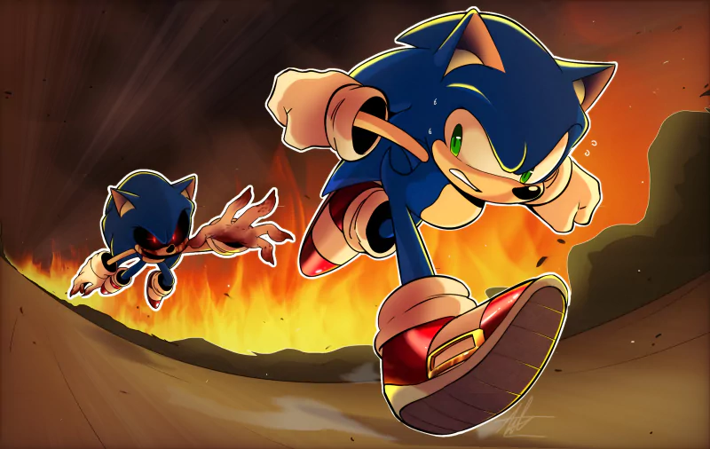 Dynamic artwork of Sonic the Hedgehog racing through a fiery, molten environment, capturing the intense action and energy of the video game series.