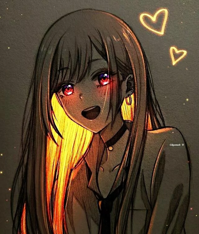 Smiling anime girl with long flowing hair lit by warm golden backlight, glowing red eyes, choker and two drawn hearts.