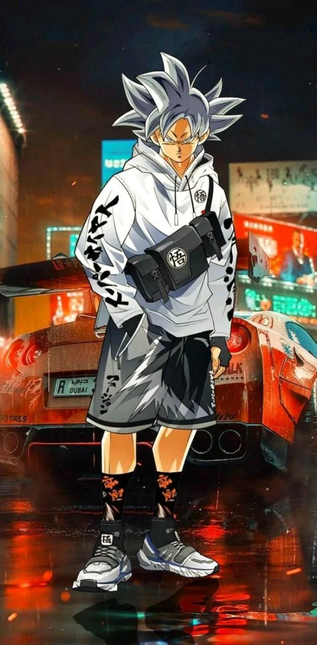 Goku from Dragon Ball/Dragon Ball Super in anime streetwear drip — silver Ultra Instinct hair, hoodie, shorts and crossbody bag, posed by a neon-lit sports car.