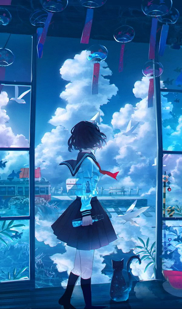 Anime girl in a sailor uniform stands on a train station platform, holding a ticket and gazing at towering clouds; a black cat sits nearby.