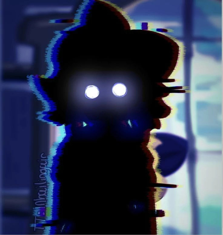 A dark, glitchy silhouette with glowing eyes representing the Dark Queen from Murder Drones against a blurred background.