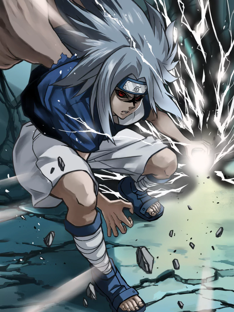 Sasuke Uchiha from Naruto unleashes a powerful lightning attack, crouched on rocky ground with intense focus, showcasing dynamic anime action.