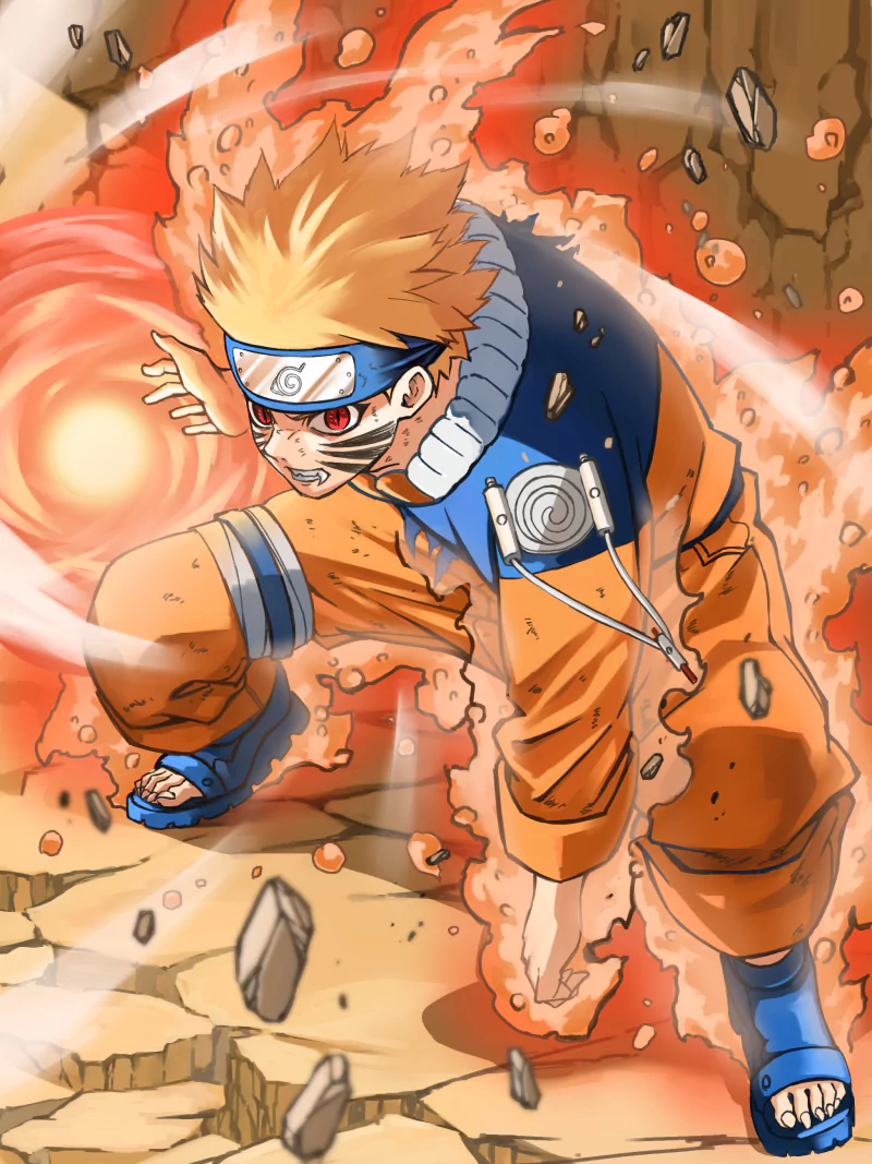 Anime character Naruto Uzumaki, in his signature orange outfit and headband, charges forward with a powerful swirling energy attack amidst flying debris.