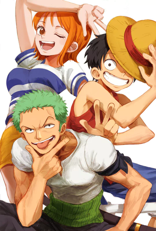 Nami, Roronoa Zoro, and Monkey D. Luffy from One Piece strike energetic and playful poses in vibrant anime style.
